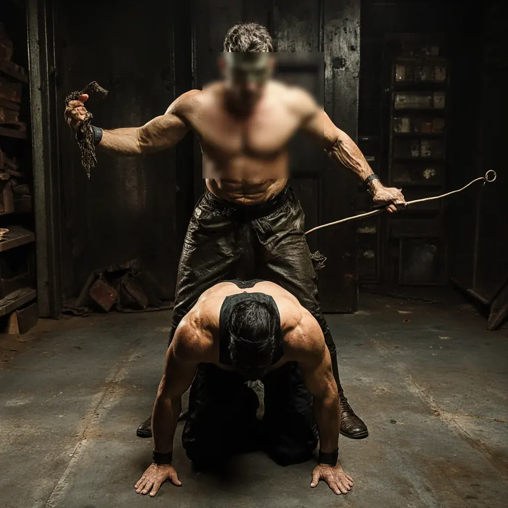 Two muscular men in leather pants in a dark workshop, one holding a rope-like object, for a UK kink dating hub Two muscular men in leather pants in a dark workshop, one holding a rope-like object, for a UK kink dating hub